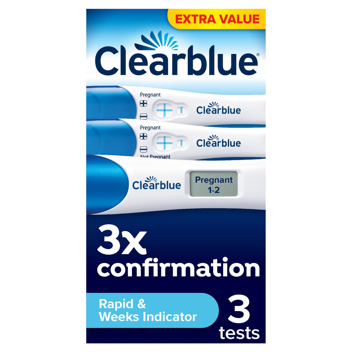 Clearblue Pregnancy Test 3X Confirmation Combo Pack, Result As Fast As 1 Minute (Visual Sticks) & Tells You How Many Weeks (Digital Stick), Kit of 3 Tests (1 Digital, 2 Visual)