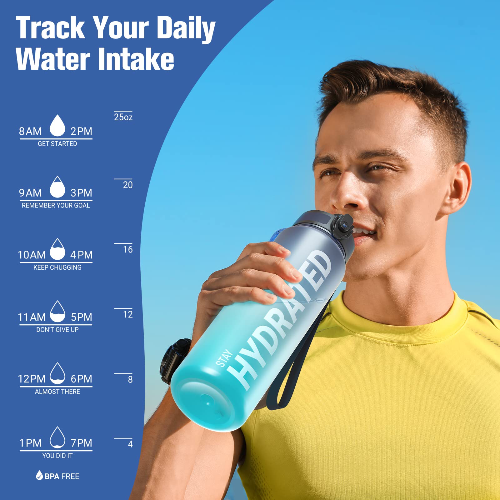 Sahara Sailor Water Bottle, 750ML Motivational Water Bottle, Sport Drinks Bottle with Times to Drink & Lock Cover, Leak Proof, BPA Free, for Gym, School, Cycling (1 Bottle)