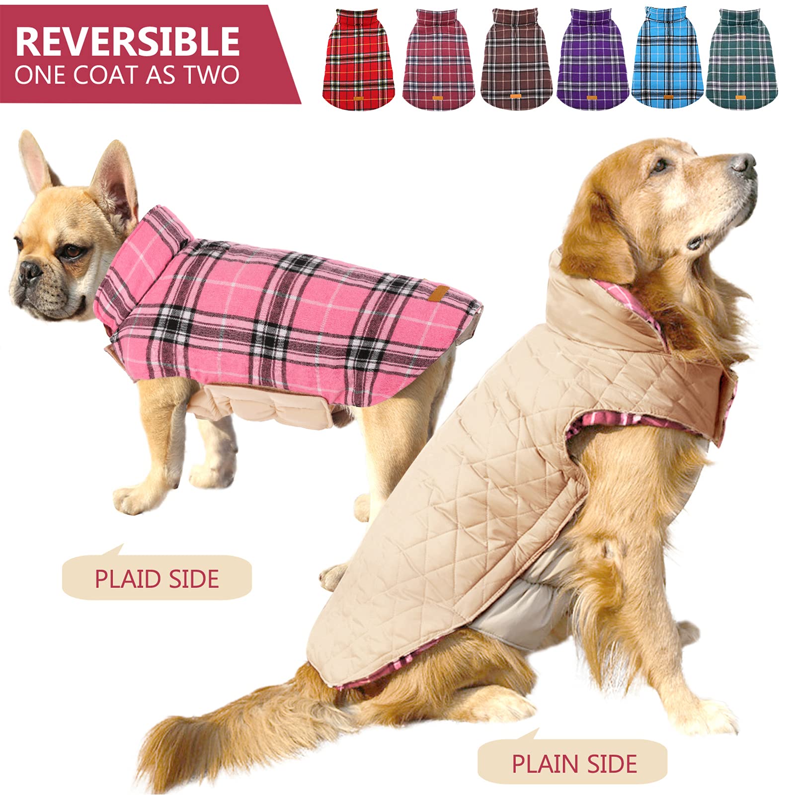 Kuoser Warm Dog Coat, Reversible Dog Jacket Waterproof Dog Winter Coat British Style Plaid Dog Clothes Pet Dog Cold Weather Coats Cozy Snow Jacket Vest for Small Medium Large Dogs Pink XS