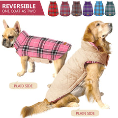 Kuoser Warm Dog Coat, Reversible Dog Jacket Waterproof Dog Winter Coat British Style Plaid Dog Clothes Pet Dog Cold Weather Coats Cozy Snow Jacket Vest for Small Medium Large Dogs Pink XS