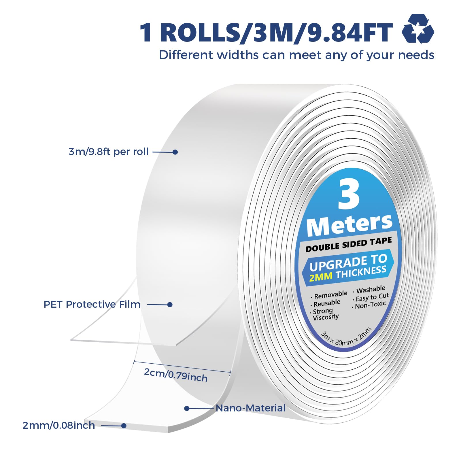 Double Sided Tape Heavy Duty 3 m, Strong Double Sided Sticky Tape, Carpet Tape Clear Tape Nano Tape, Traceless Transparent Double Sided Adhesive Tape for Office, Home, Kitchen (Thickness 2 MM)