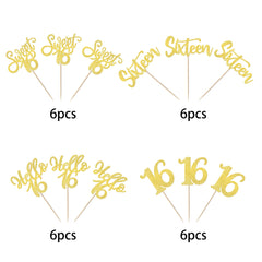 SYKYCTCY 24 Pack 16th Birthday Cupcake Toppers Glitter Hello 16 Sweet 16 Sixteen Years Old Cupcake Picks for Birthday Wedding Anniversary Party Cake Decorations Supplies Gold