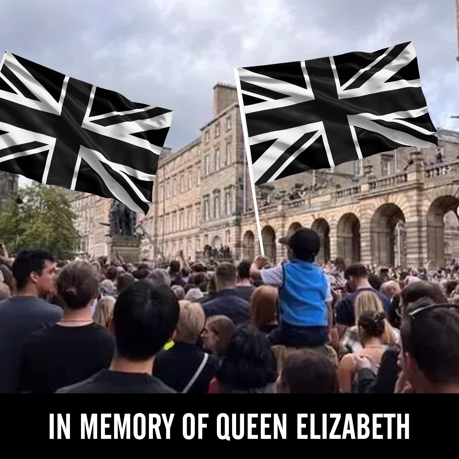 Black Union Jack Flag 5ft x 3ft, Tribute to Queen Elizabeth, Black and White Union Jack Flag for Parade, UV Fade Resistant British Flag with Eyelets