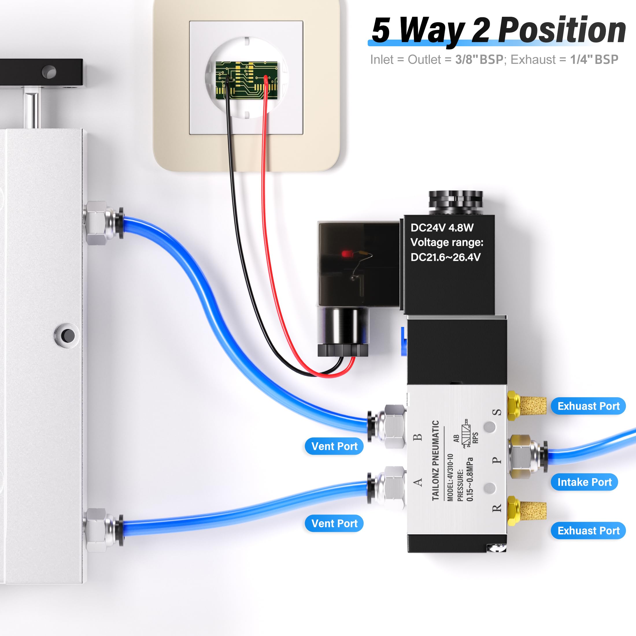 TAILONZ PNEUMATIC 3/8 Inch BSP Solenoid Valve 24V Single Coil Pilot-Controlled Electric 2 Position 5 Way Connection Type 4V310-10