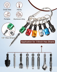 Katerk Portable 1/4 in Hex Shank Drill Bit Holder 6pcs, Light-Weight Extension Bar Keychain Adapter, Quick-Change Screwdriver Bits Retainer for Tool Pouch (6 Colors Silver Carabiner)