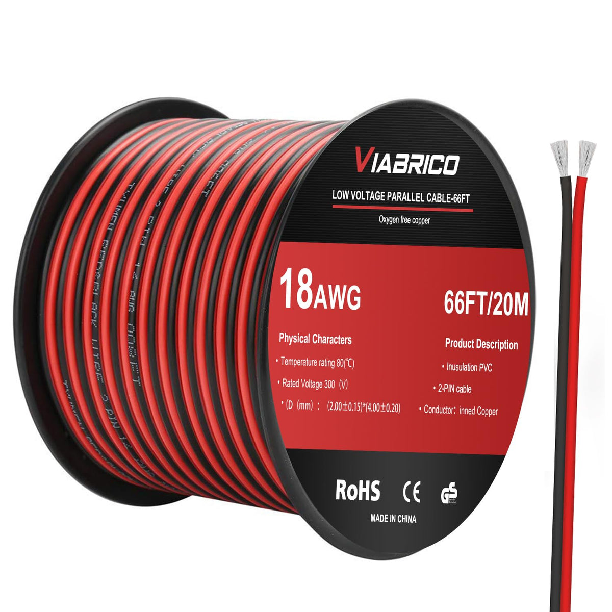 VIABRICO 18AWG 66FT Electrical Wire Cable 2 Conductors Red Black Cable Hookup LED Lighting Strips Flexible Wire Extension Cord 18 Gauge Copper Wire 12V/24V DC Cable