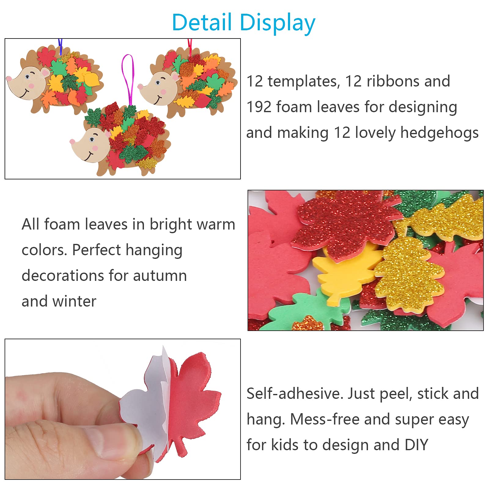 LAMEK 12 Pack Hedgehog Craft Set for Kids DIY Fall Decoration Creative Kit with 216pcs Assorted Accessories Maple Leaf Foam Stickers for Boys Girls Children Arts Crafts Autumn Party Supply