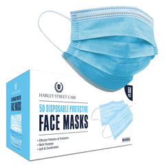 H HARLEY STREET CARE Disposable Blue Face Masks Protective 3 Ply Breathable Triple Layer Mouth Cover with Elastic Earloops (Pack of 50)