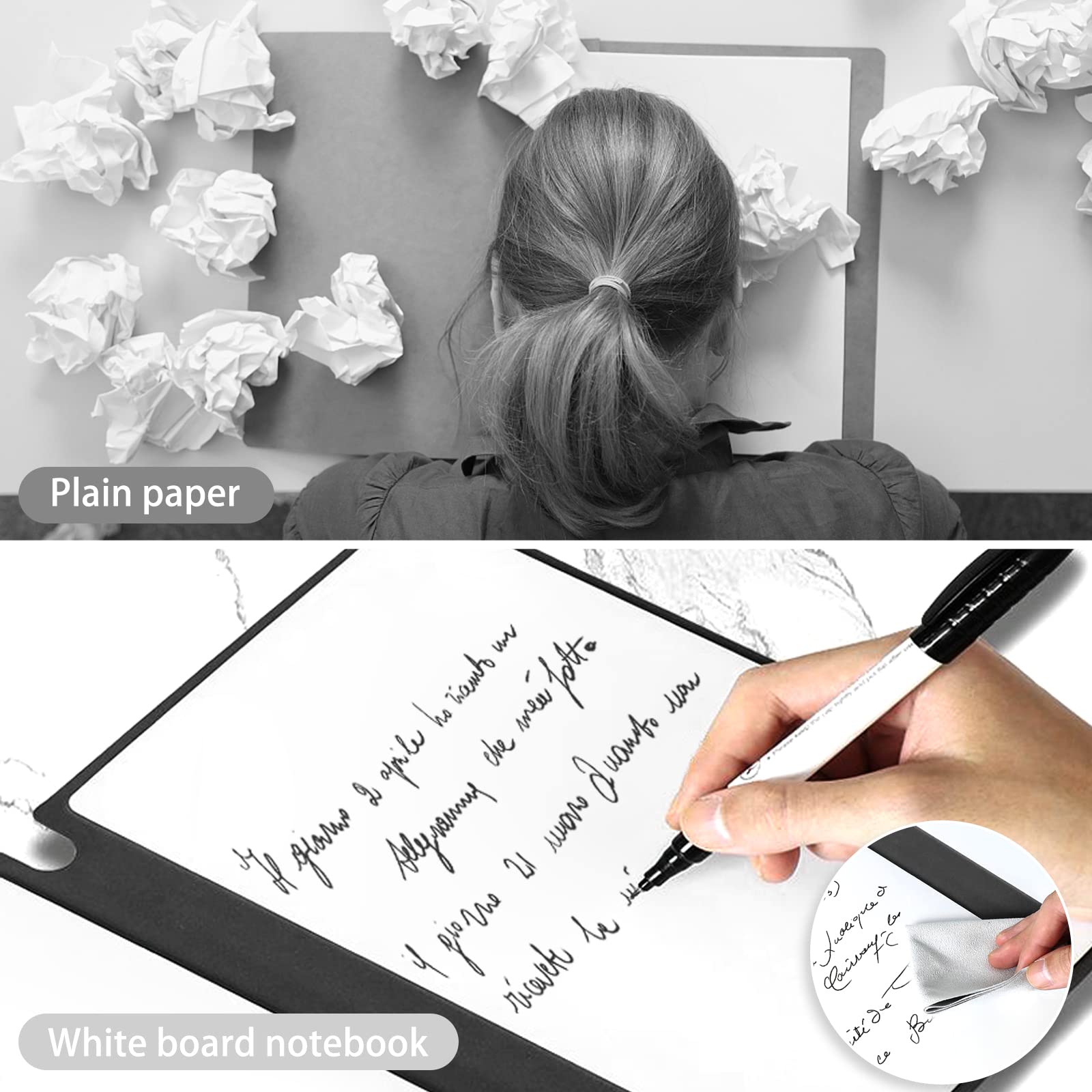 Marte Vanci Whiteboard Notebook Reusable Dry Erase Whiteboard with Pen and Wiping Cloth A5 Portable Dry Erase Pad with PU Cover White Board for Notes Lists Memo Message Presentation(Blue)