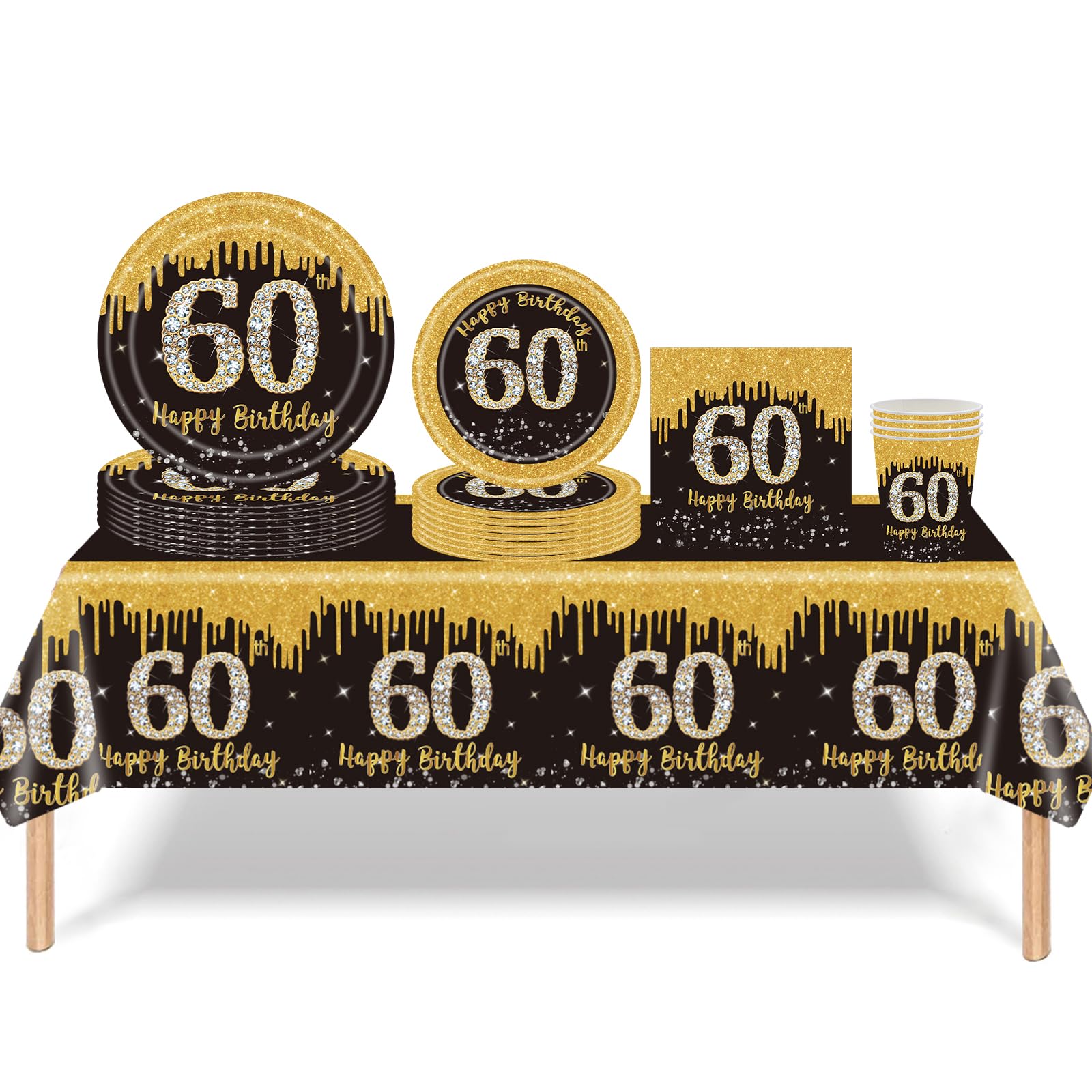 16Pcs 60th Birthday Black Gold Paper Plates 7 inch,60th Black Gold Birthday Disposable Party Paper Plates,Happy 60th Birthday Tableware Decorations for Her,Him,Men,Women,Birthday Gifts Party Supplies