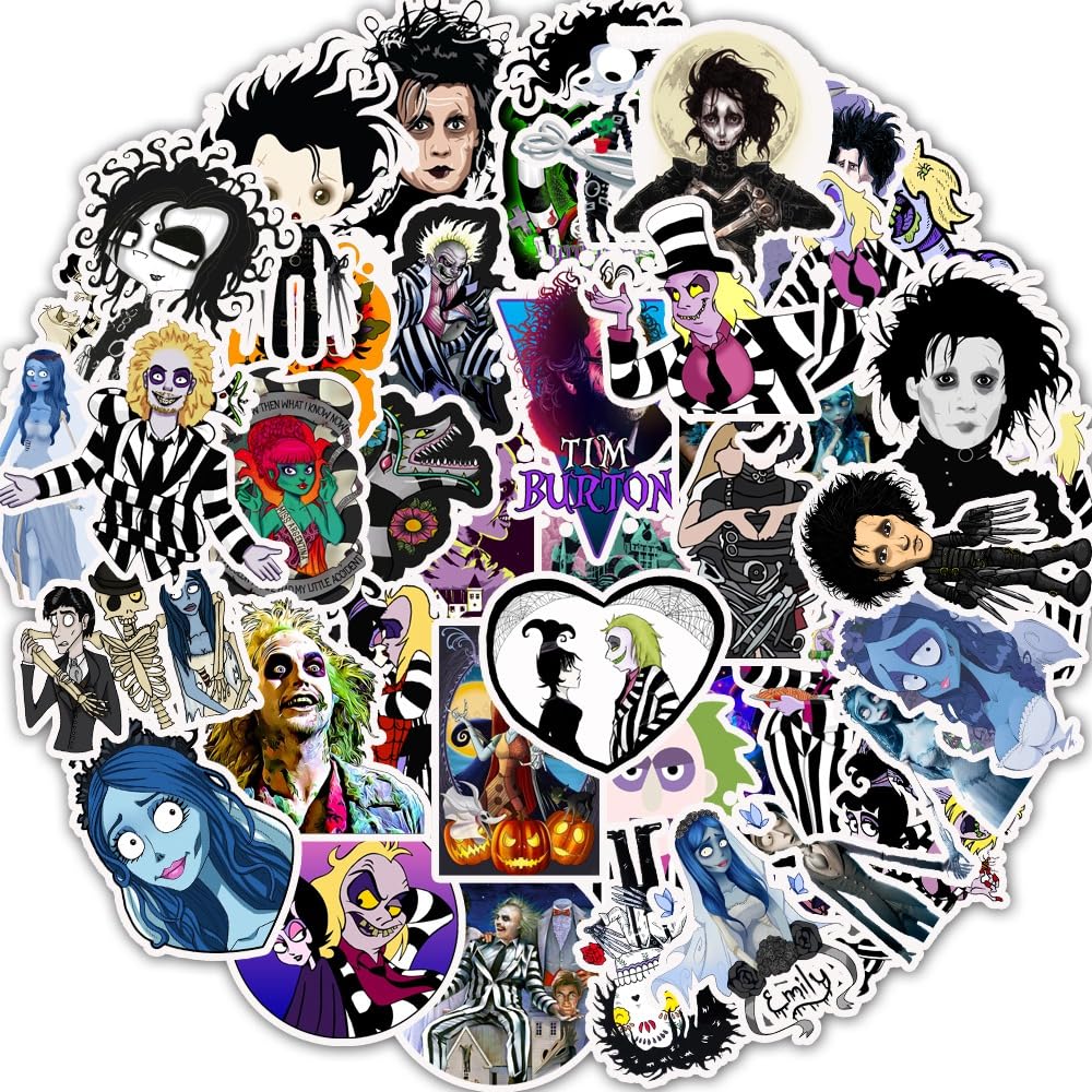 50 Pcs Tim Burton Stickers Vinyl Waterproof Stickers for Laptop Skateboard Water Bottle Guitar Luggage Phone Computer Scrapbook Car Bike,Movies Edward Scissorhands Stickers for Teens Children Adults