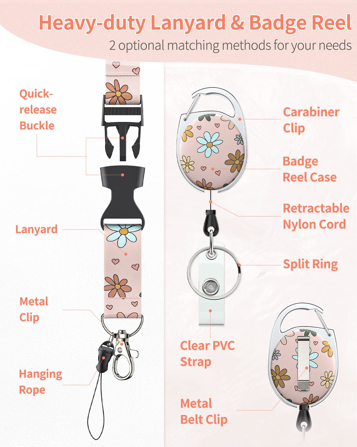 Uniclife Floral Sliding Badge Holder Pink Flower Plastic Case with Retractable Badge Reel Carabiner Clip and Detachable Lanyard Strap Hard Vertical Card Protector for Women Nurse Teacher Student