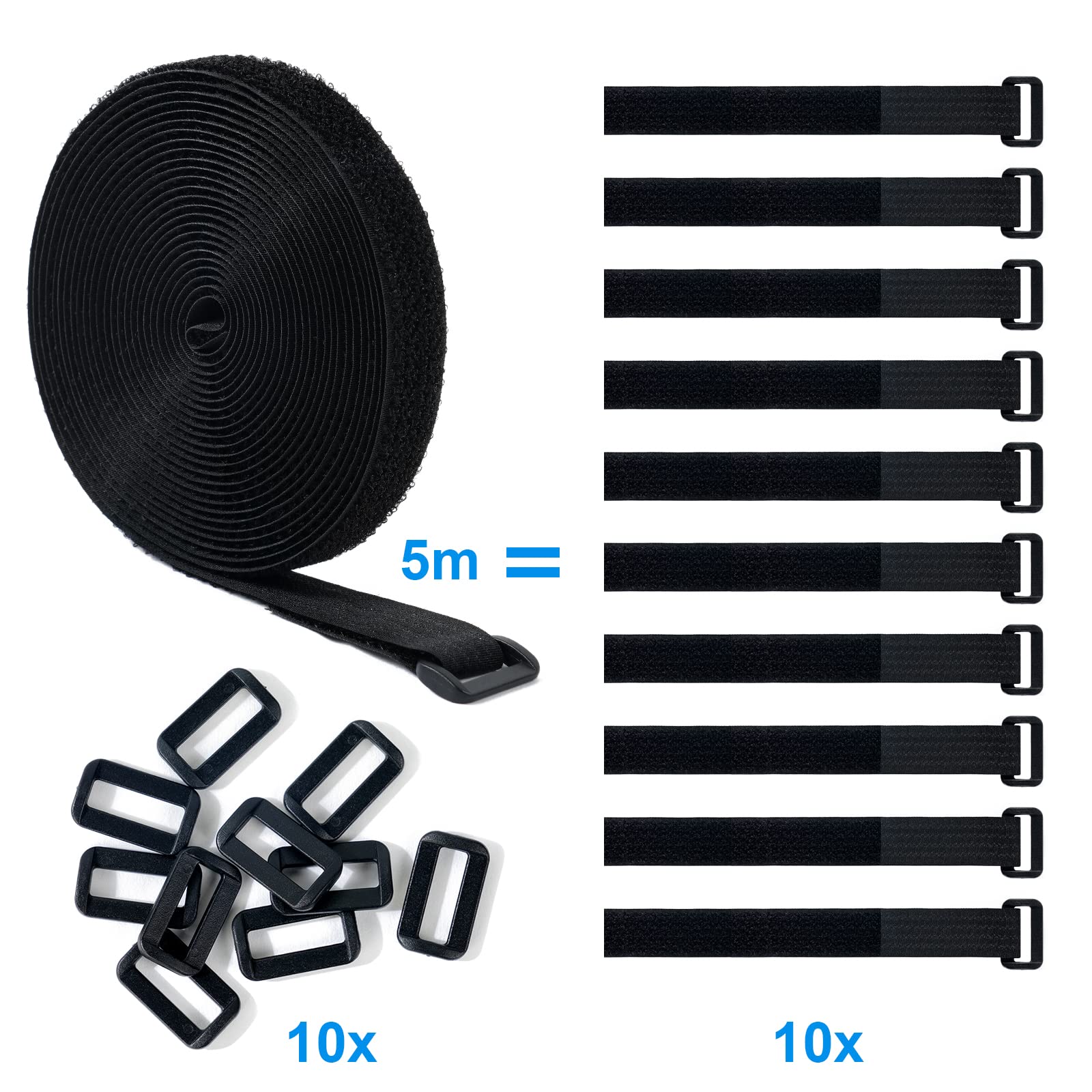 Ainiv Cable Straps, 5m(Width:20mm)) Adjustable Free Cut Length, Reusable Self-Adhesive Tape Cable Ties with 10 Buckles, Multipurpose Wire and Cable Organizer for Office, Home (Black)