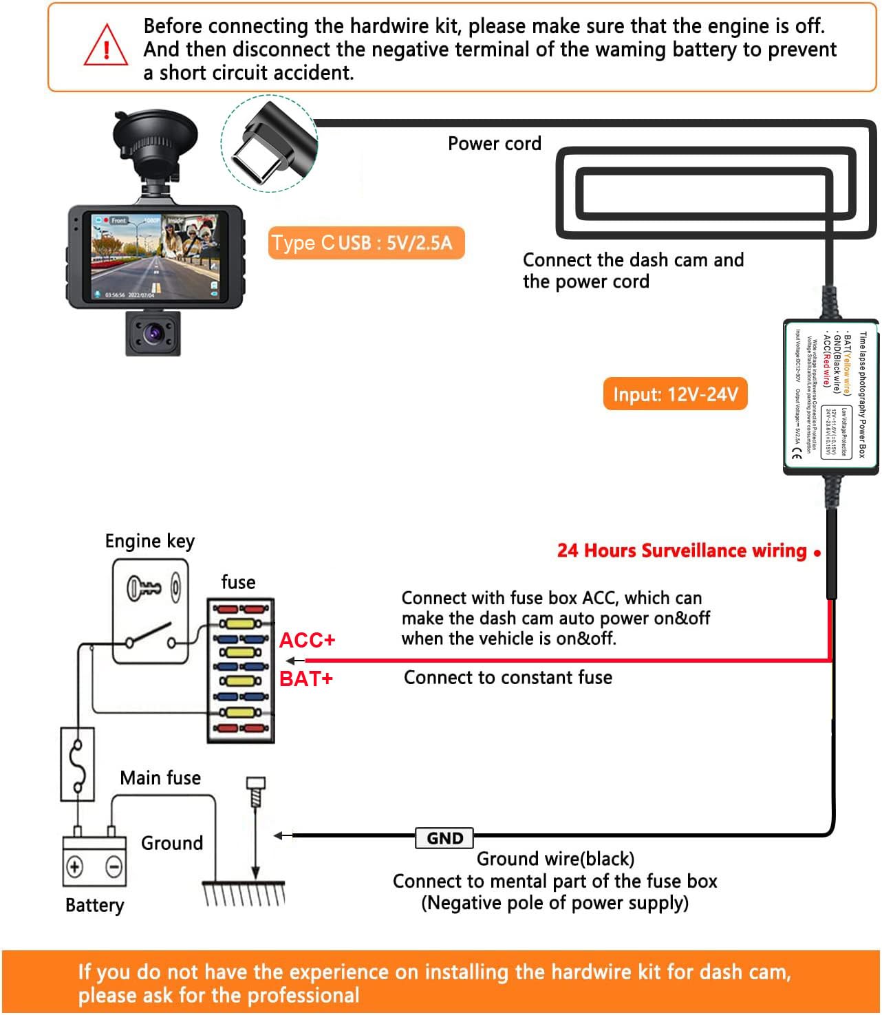 Gebildet Dash Cam Hardwire Kit, Type C USB Port, DC 12V - 24V to 5V/2.5A Max Car Charger Cable kit with Fuse, Low Voltage Protection for Dash Cam Cameras