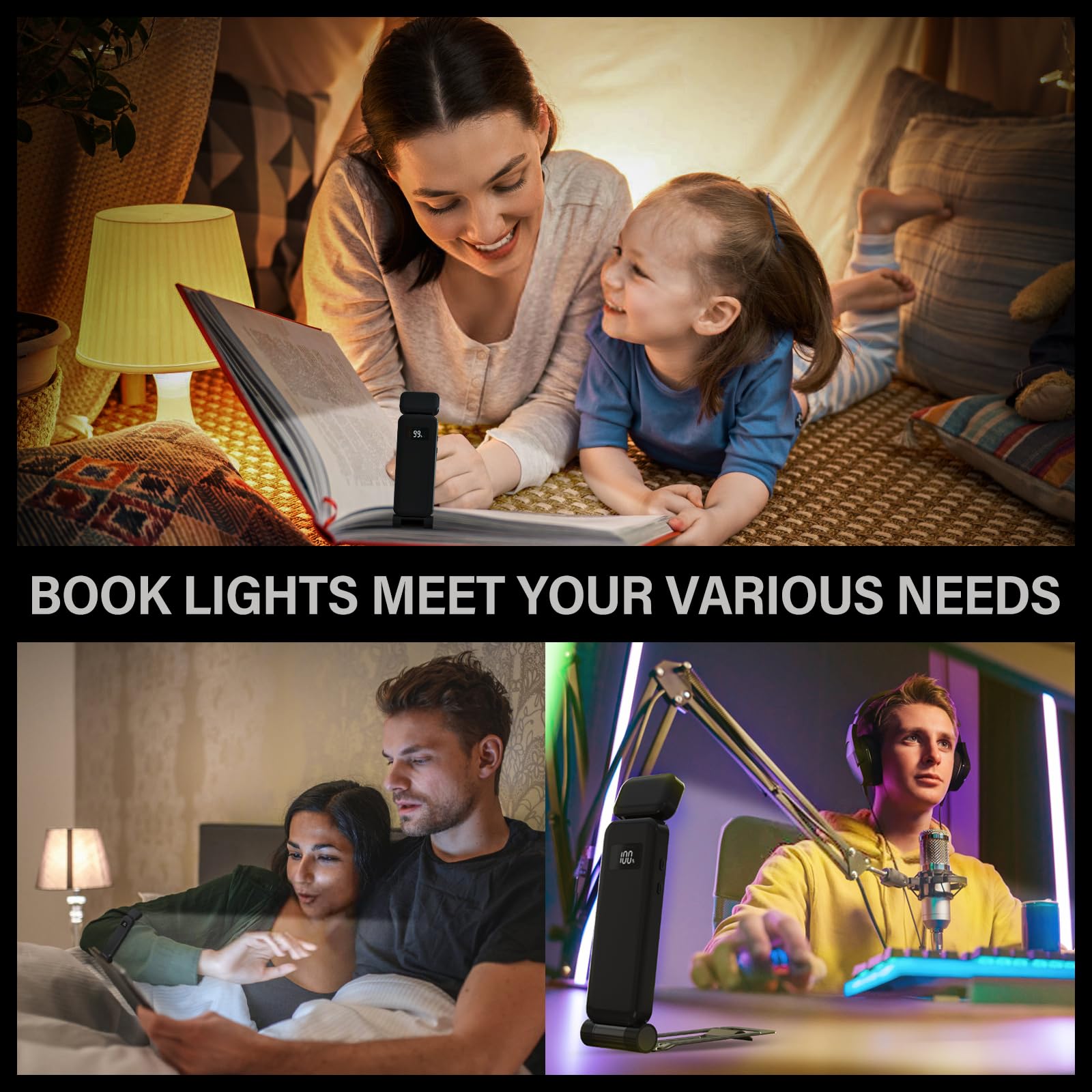 AWLKIM Rechargeable Book Reading Light with Power Display, Multi-Modal LED Book Light for Reading at Night - 3 Color Temperatures Adjustable Brightness 20 Hours Runtimes