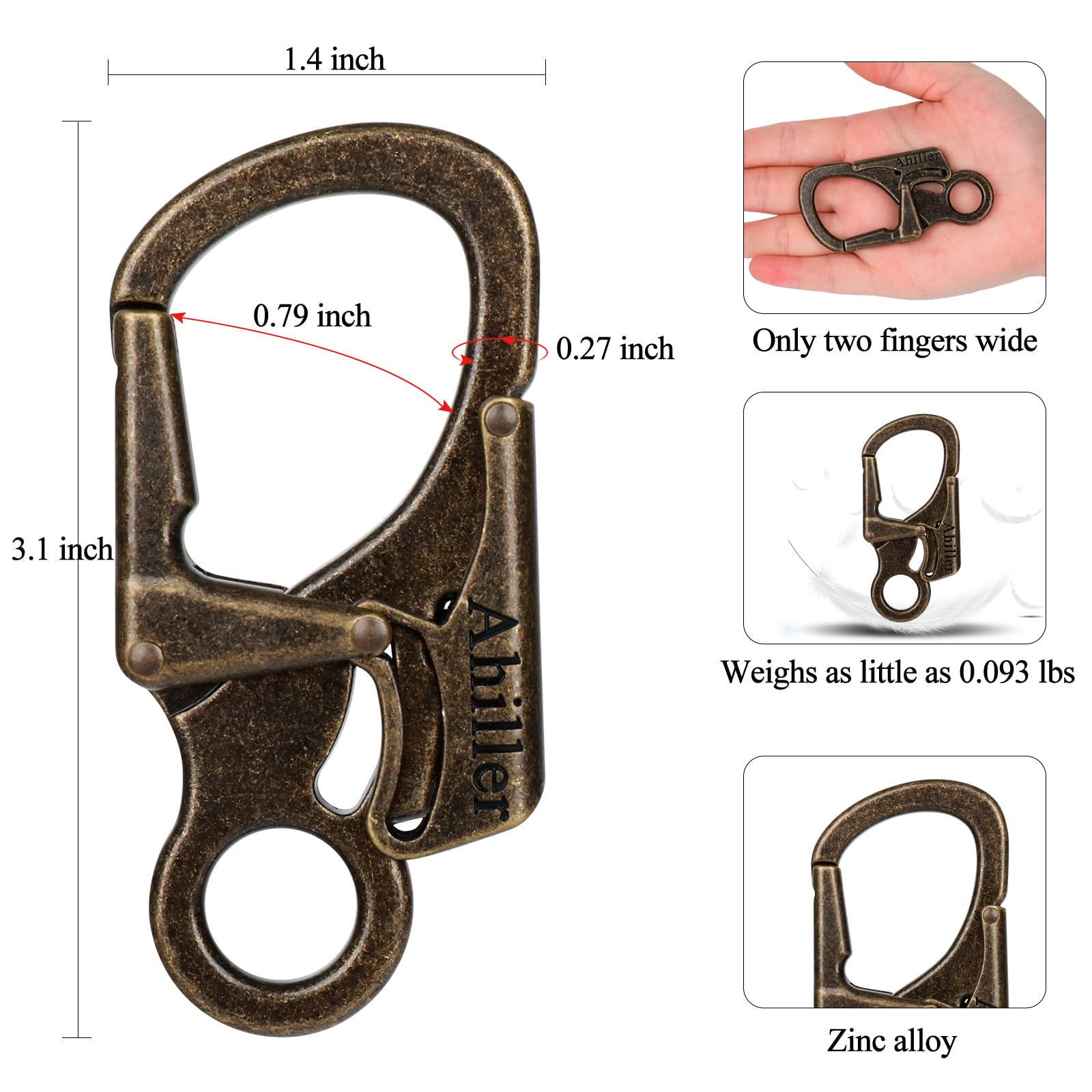 Ahiller Carabiner Clip, Double Anti-Misopening Locking Design, 3 Inch Alloy Caribena Hook, Keychain for Outdoor Camping, Hiking, Fishing, Key Ring Clip (Dark Bronze-2P)