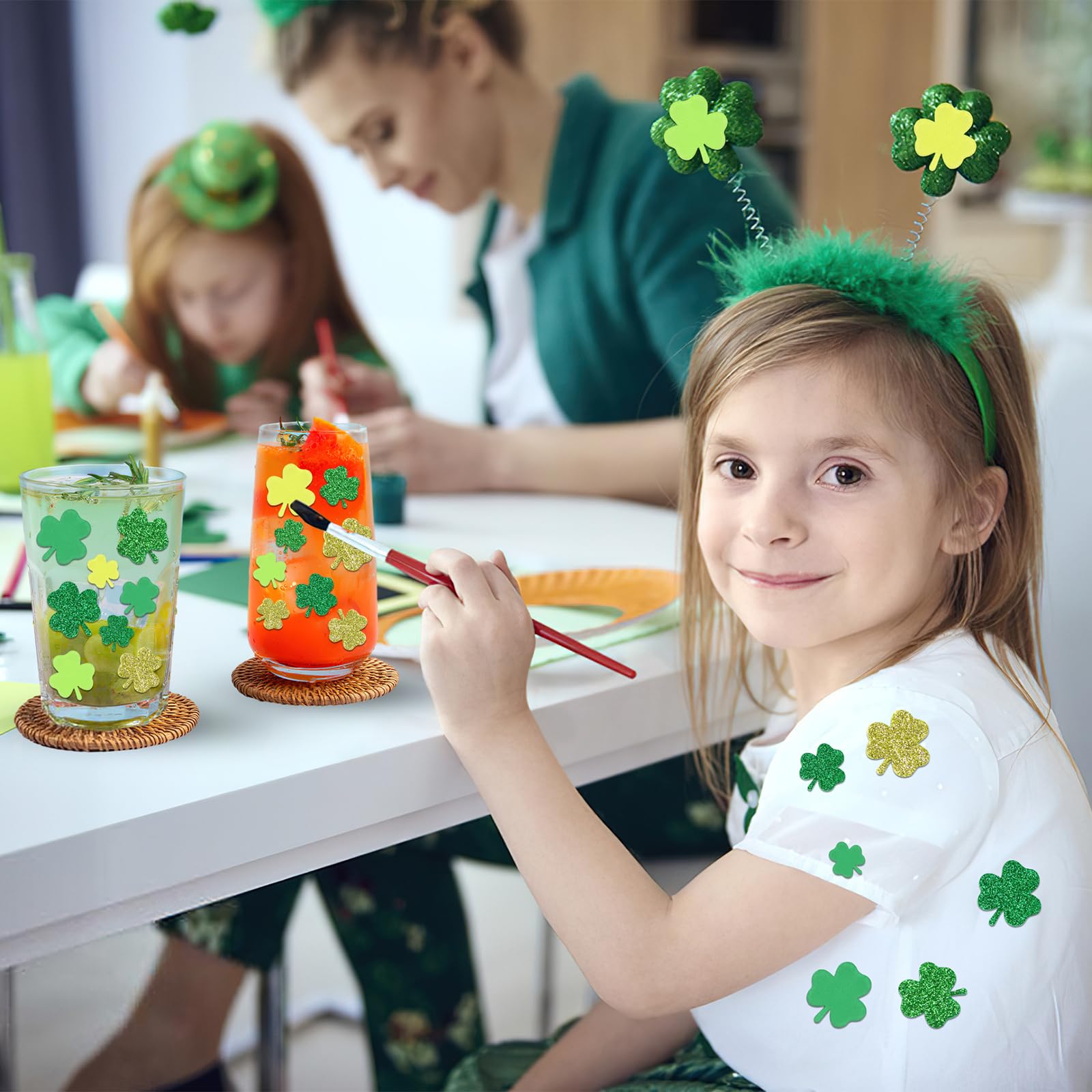 JULBEAR 300Pcs Shamrock Foam Sticker, St. Patrick's Day Glitter Clover Shamrock Self Adhesive Foam Stickers for Kids Spring Irish Party Favors DIY Crafts Decorations