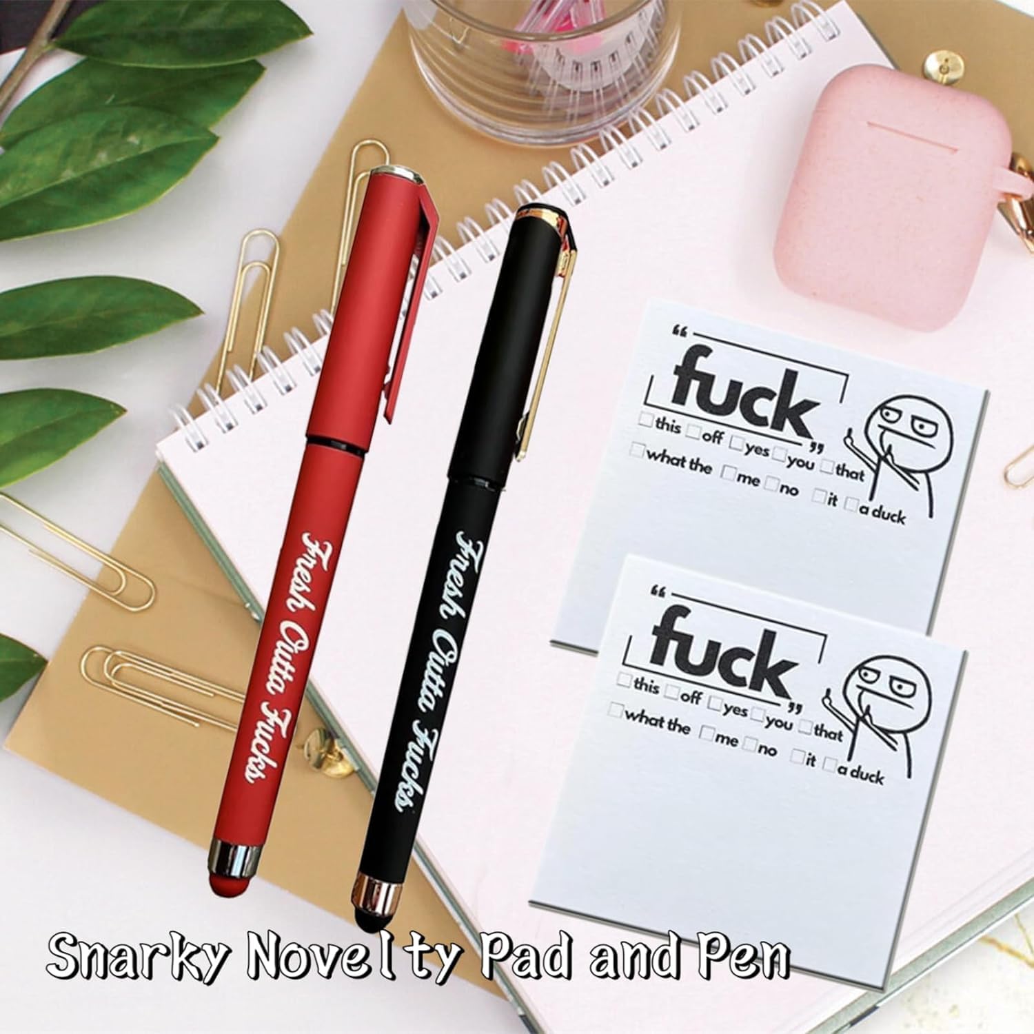 Fresh Outta Fucks Pad and Pen,Funny Sticky Notes Office Supplies,Desk Accessories for Friends Funny Christmas Gifts for Men Women (BlackandRed)