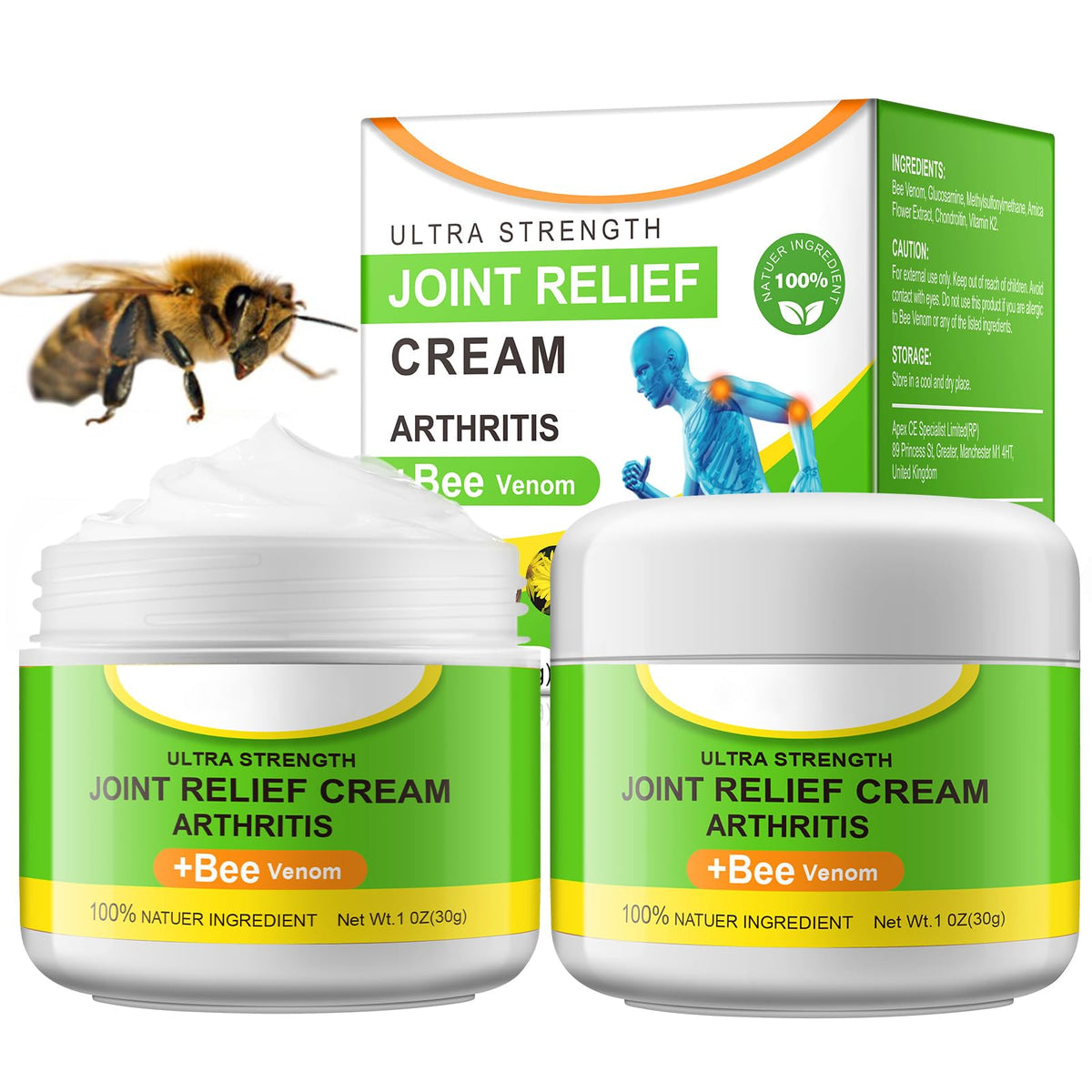 Bee Venom Cream for Arthritis Bee Venom Cream for Bone Pain Relief and Muscle Recovery Natural Bee Venom Gel, Pain and Bone Healing Cream 30g-2PACK (60g)