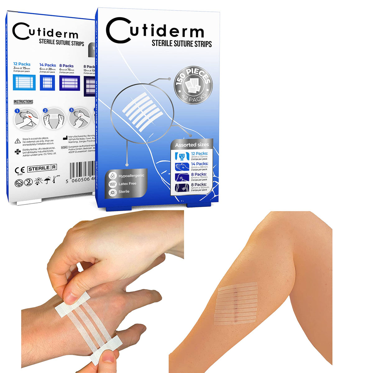 Cutiderm Sterile Skin Wound Closure Suture Strips, 4 sizes - 150 Strips