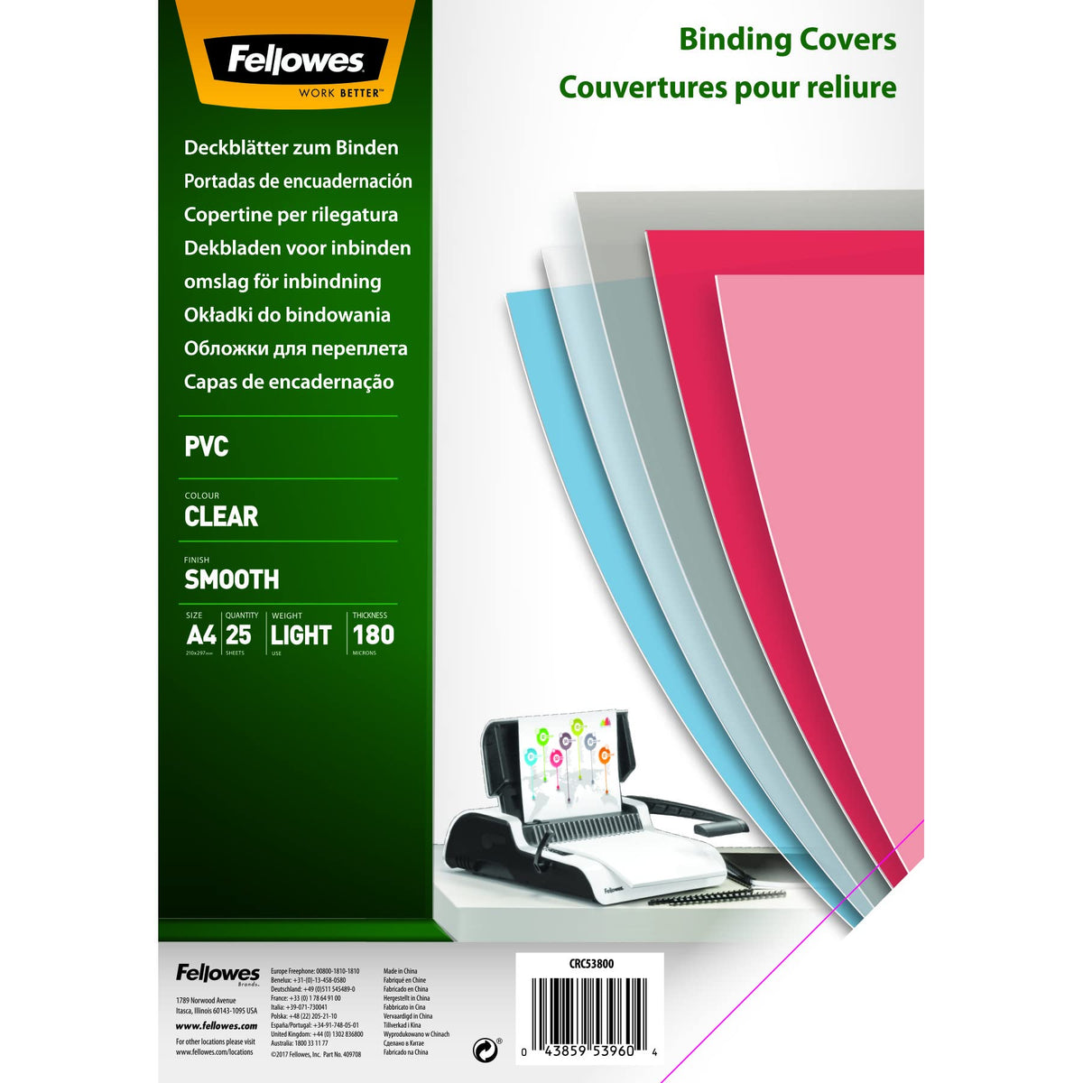 Fellowes A4 Binding Covers, PVC 180 Micron, Clear, Pack of 25, 5380001