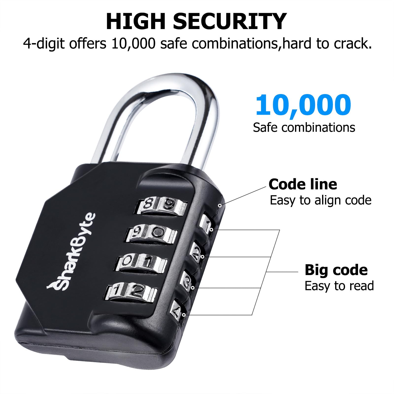 SharkByte Combination Padlock - 4-Dial Heavy Duty Combination Lock, Weatherproof Outdoor Lock Re-settable Combination Padlock for Gym, School, Locker, Outdoor Shed, Storage, Cabinet, Toolbox (3 Pack)