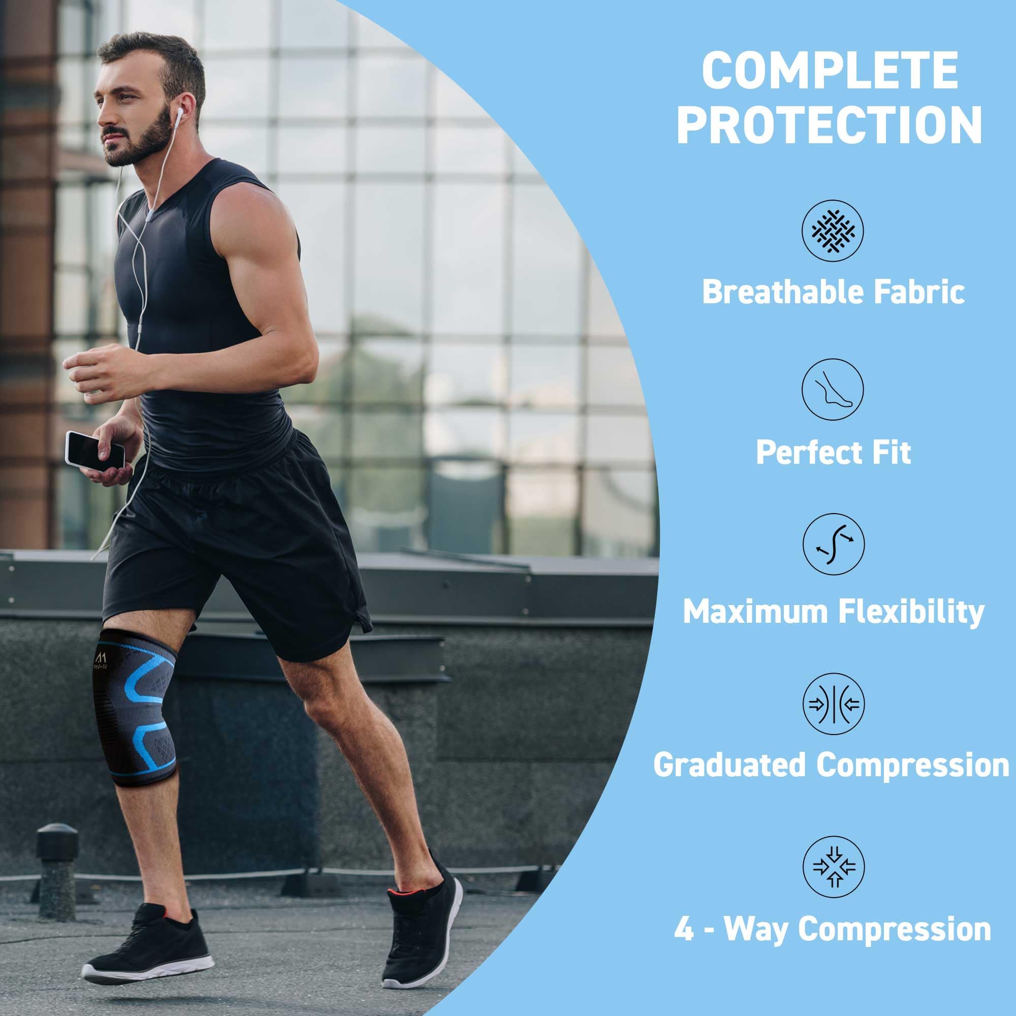 med-fit Stride Flex Knee Support 360-degree 4-way compression knee sleeve ideal for joint pain, ligament injury, tendonitis, arthritic pain and sports injury (1, Blue, M)