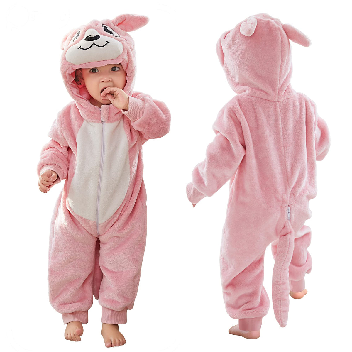 COOKY.D Newborn Baby Animal Hooded Zipper Romper 2-6 Months Long Sleeve Pink Flannel Warm Outfits