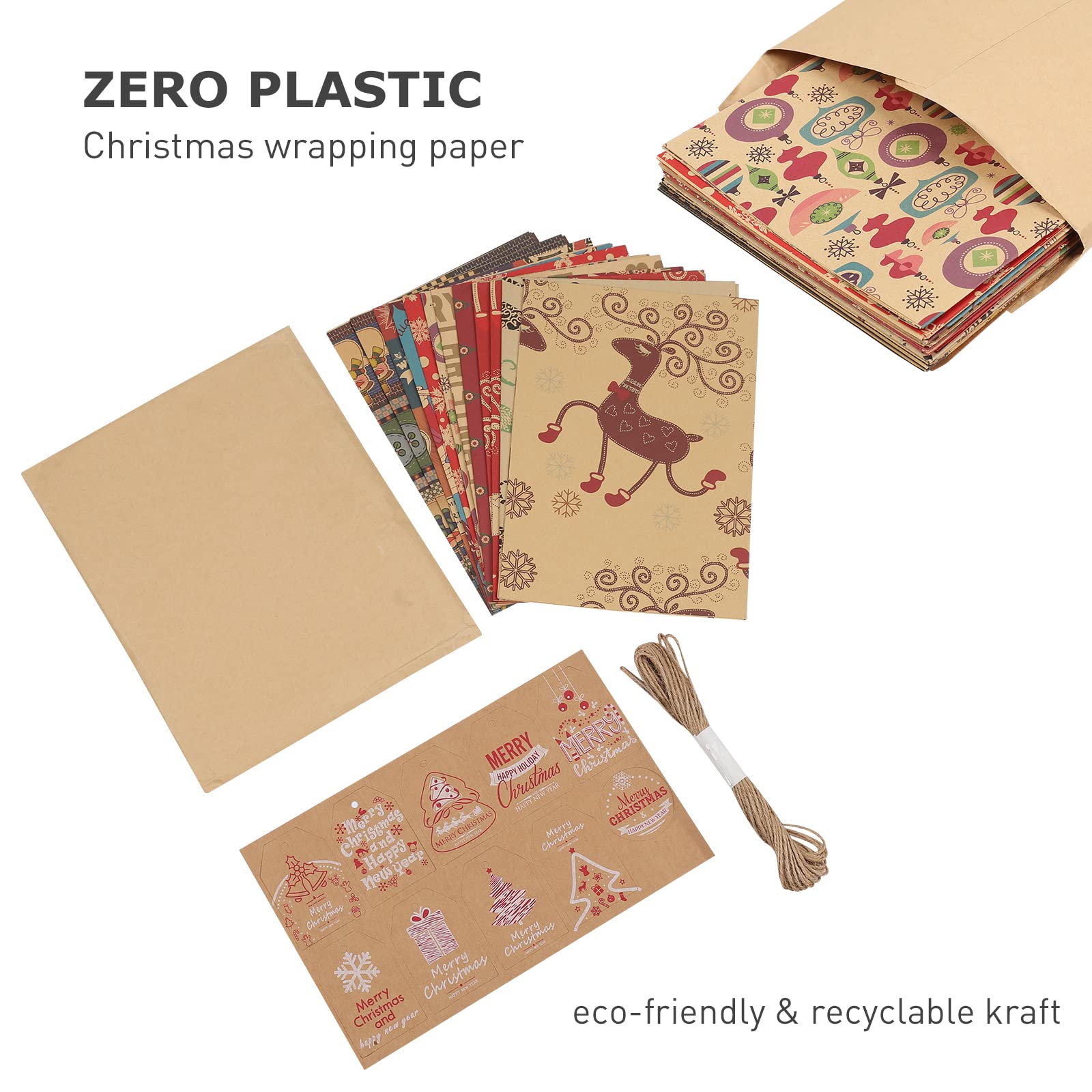 Christmas Wrapping Paper, 12 Pack Recyclable Kraft Paper 70x50CM in Folded Sheets with 10 Unique Designs (Bonus 16 Feet Jute String and 10 Tags)