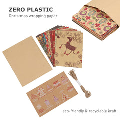 Christmas Wrapping Paper, 12 Pack Recyclable Kraft Paper 70x50CM in Folded Sheets with 10 Unique Designs (Bonus 16 Feet Jute String and 10 Tags)