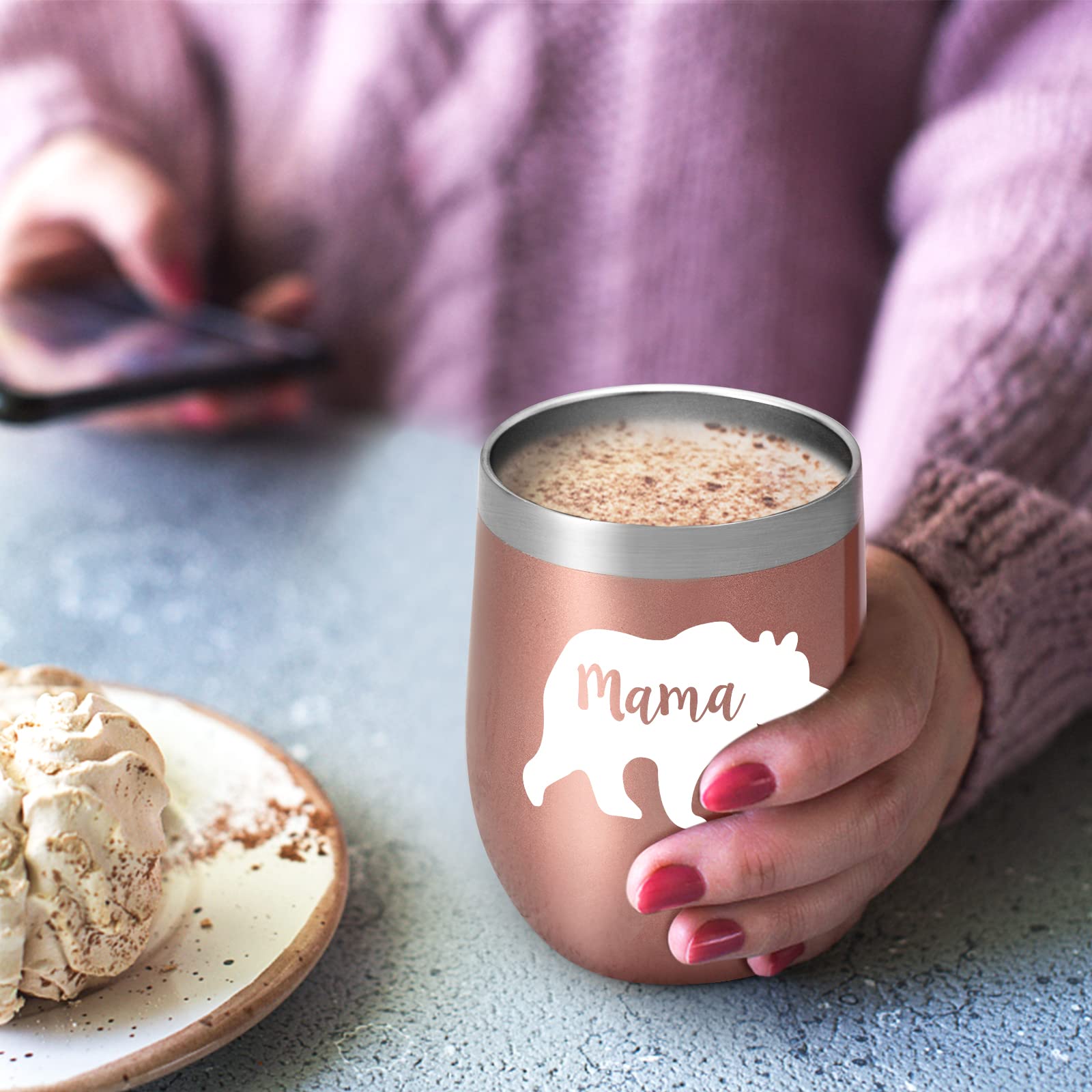 Livole Mothers Day Presents for Mum, New Mum, Mummy, Women, Mum Birthday Gifts from Son, Mama Bear Mug, Mum Christmas Gifts, 12oz Insulated Coffee Travel Mug, Double Walled Wine Tumbler, Rose Gold