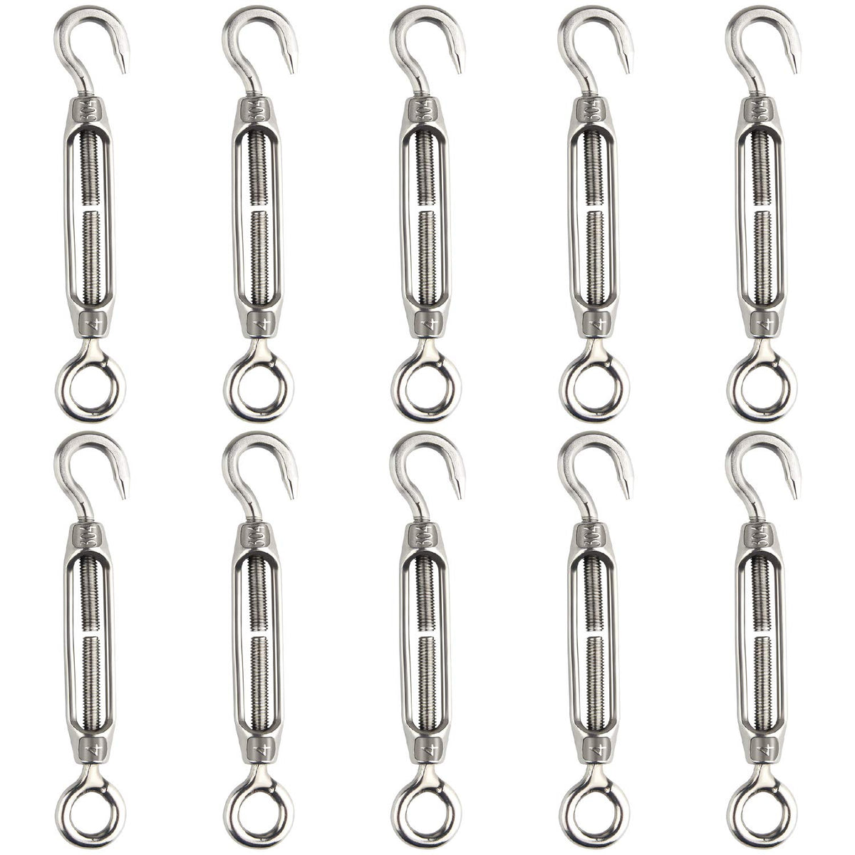 FEPITO 10Pcs Turnbuckle Wire Tensioner 304 Hook & Eye Adjustable Turnbuckle M4 Stainless Steel Tensioner Set Heavy Duty