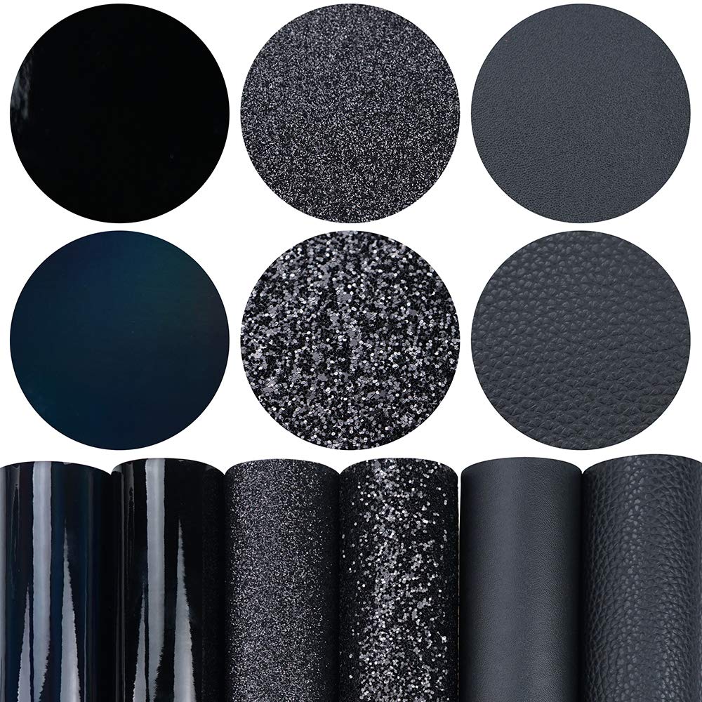 6 Pieces/Set 8x12 Inch (21cm x 30cm) A4 Bundle Leather Sheets Mixed Black Series Holographic Sparkle Fine Chunky Glitter Litchi Faux Leather Fabric for Bow Earring Making DIY Craft