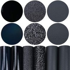 6 Pieces/Set 8x12 Inch (21cm x 30cm) A4 Bundle Leather Sheets Mixed Black Series Holographic Sparkle Fine Chunky Glitter Litchi Faux Leather Fabric for Bow Earring Making DIY Craft