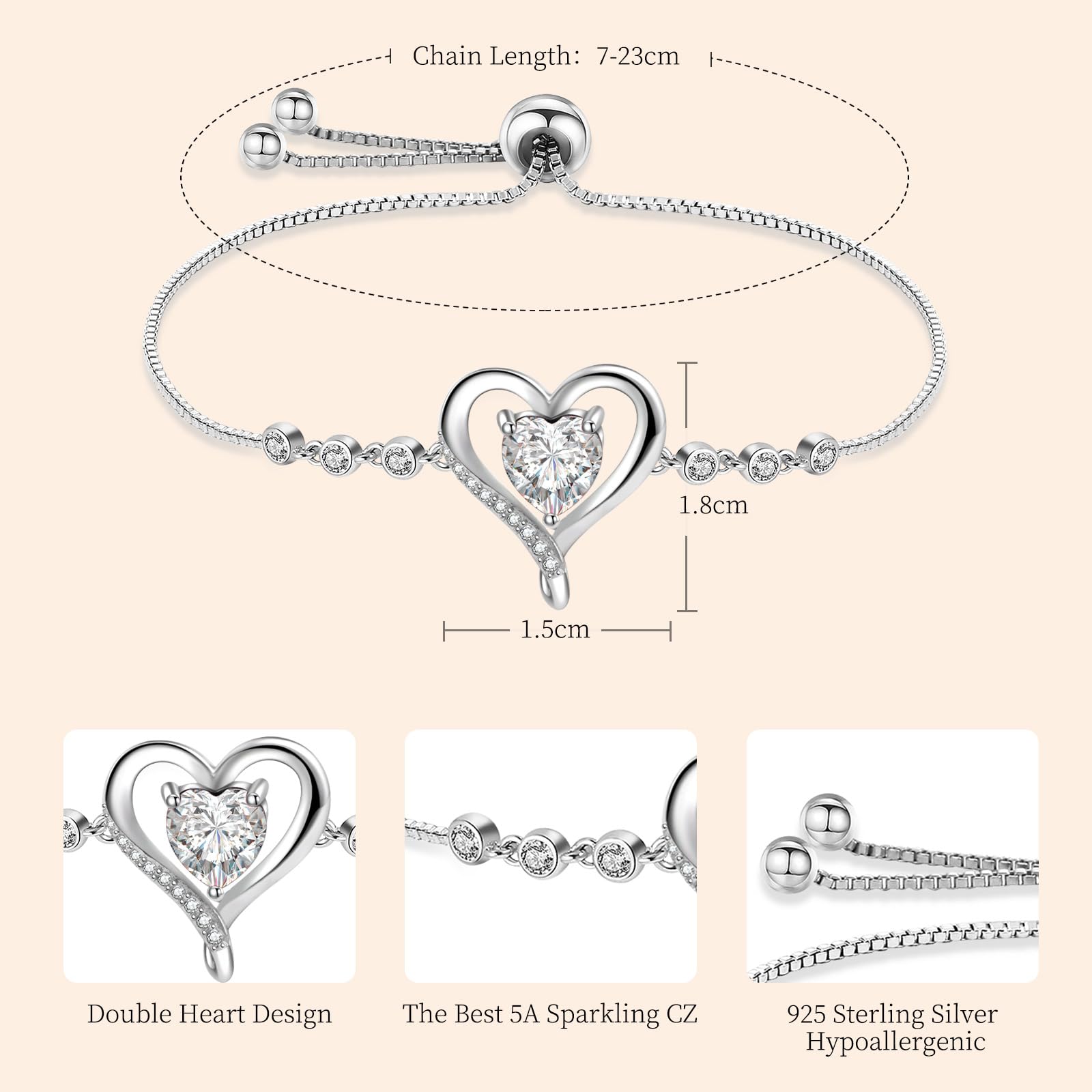 Cosie Lily Mothers Day Gifts for Mum Bracelets for Womens 925 Sterling Silver Bracelet Ladies Love Heart Silver Bracelet Jewellery for Wife Girlfriend Mum Anniversary Birthday Gifts for Her