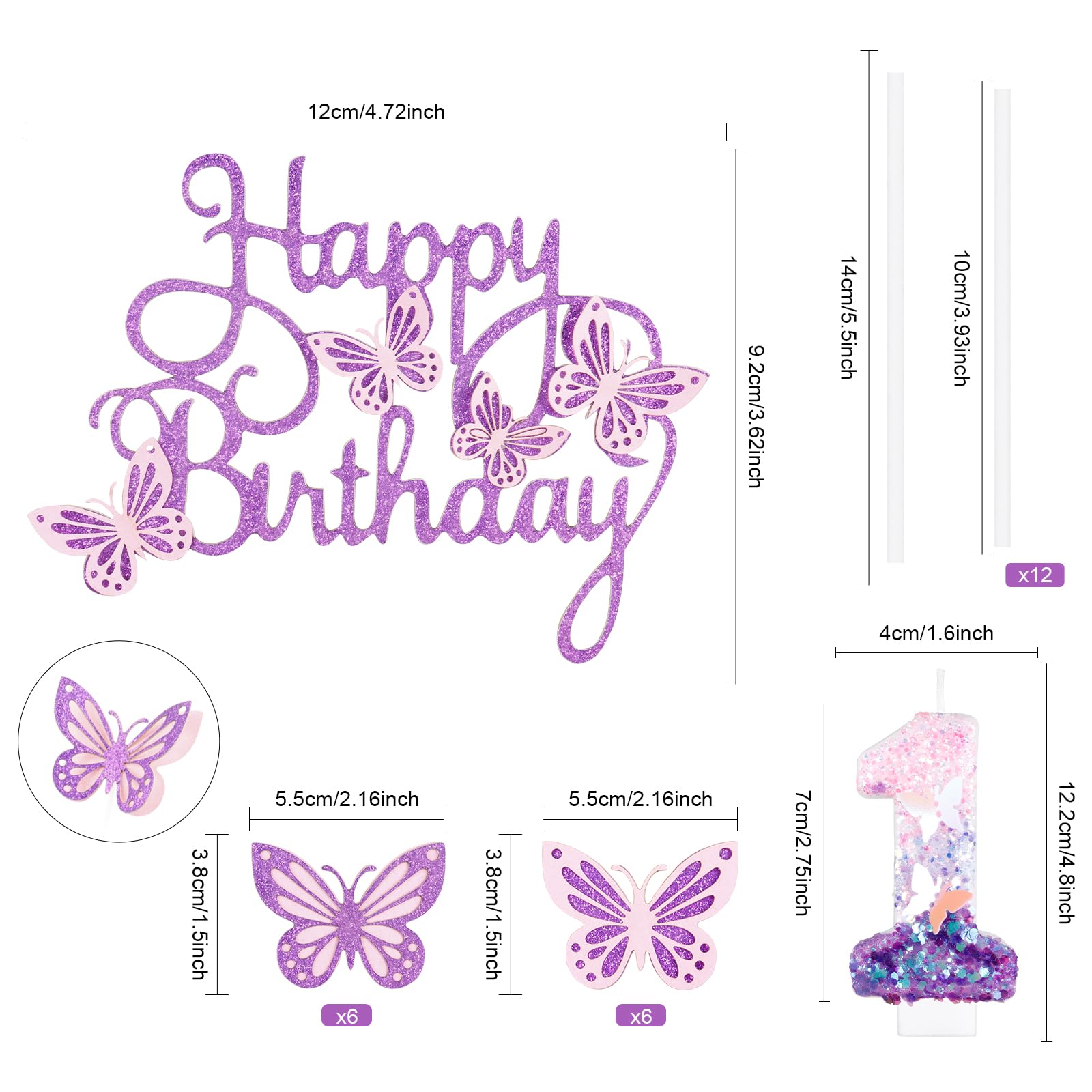 Happy 5th Butterfly Birthday Candles, Pink Purple Number 5 Candle with Butterfly Cake Cupcake Topper for Girls, 5th Birthday Cake Decorations, Cute 5th Birthday Cake Topper for Butterfly Theme Party