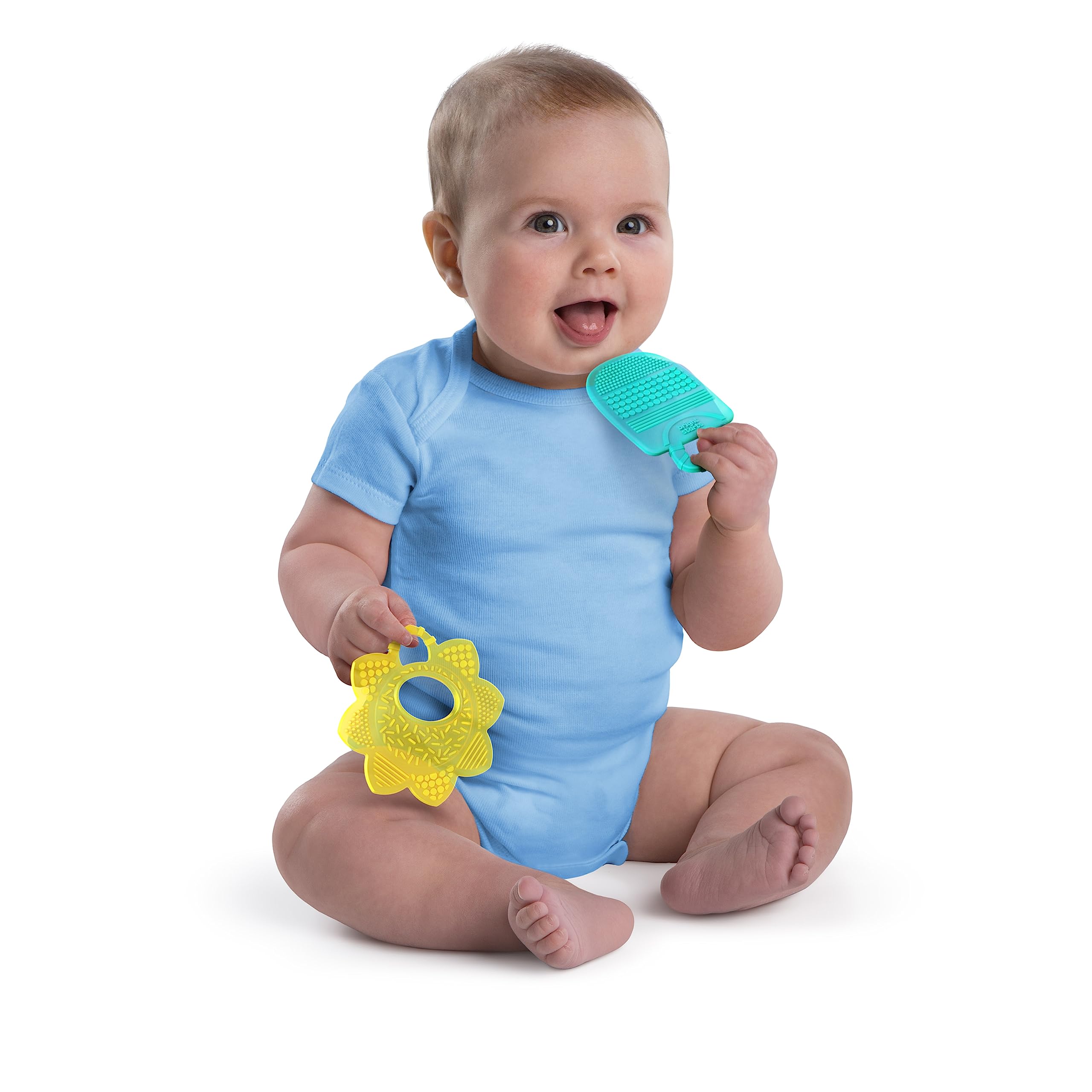 Bright Starts Sunny Soothers 2pk Multi-Textured BPA Free Baby Teethers in Cute Sun and Popsicle Shapes, Ages 3 Monthsand