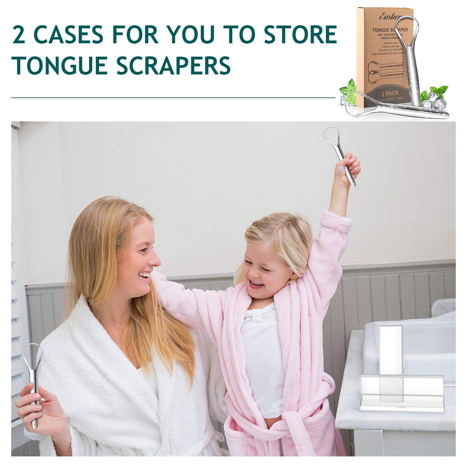 Tongue Scraper (2 Pack), Wide-head Tongue Cleaner with Nice Carrying Box, Easkep 100% Stainless Steel Tongue Scrapers Cleaners, for Men, Women, Adults, Kids, silver