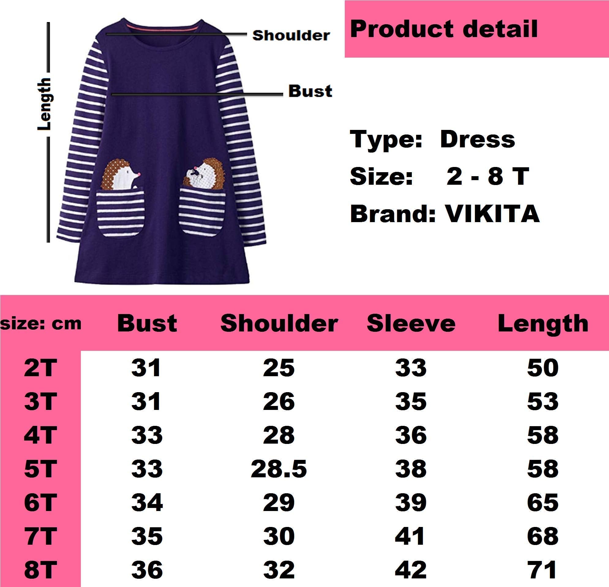 VIKITA Girls Dress Polka Dot Stripe Dresses Baby Girls Clothing Outfits Jm7667 (Size: 7-8 Years=122-128cm)