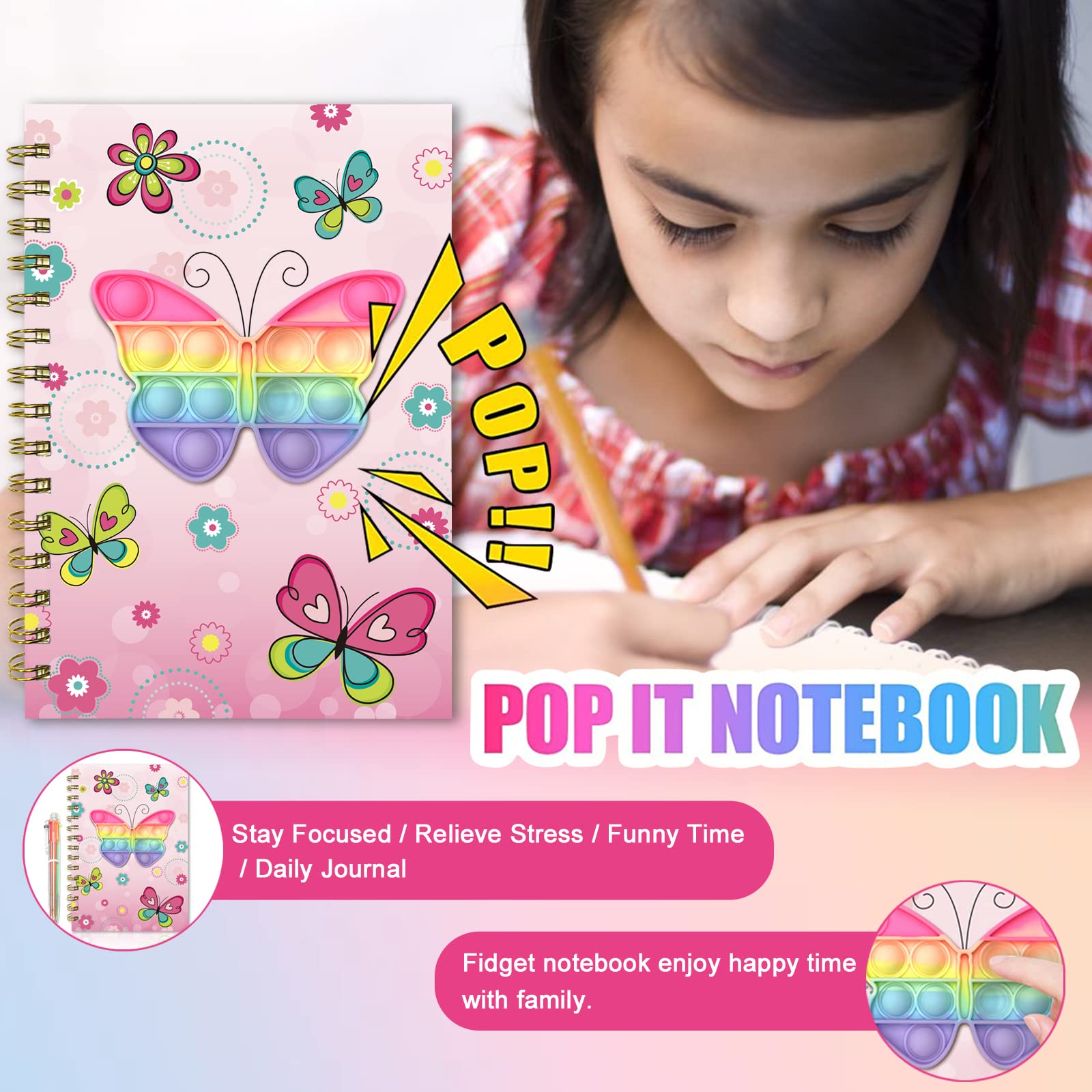 GINMLYDA Pop Secret Diary for Girls with Pen, 8.25x5.7 Inches 160 Pages Butterfly Fidget Kids Notebook and Pen Set for Girls Birthday Presents A5 Spiral Kids Journal for Girls Gifts 6-12 Year Old