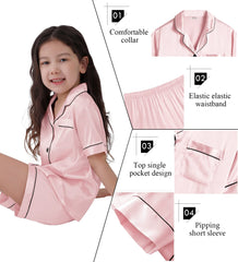 SWOMOG Kids Satin Pyjamas Sets Girls Boys Button-Down Pjs Short Sleeve Silk Nightwear 2 Piece Lounge Sets