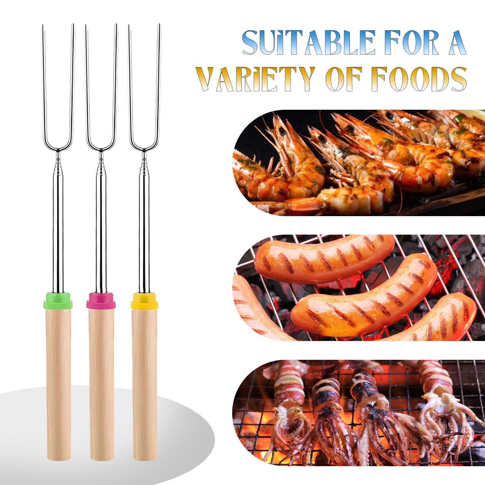 SULIVES 4 Pack Marshmallow Toasting Forks Kit - Extendable Stainless Steel Smores Sticks for BBQ and Campfire - Retractable Outdoor Campfire Accessories for Roasting Marshmallows and Hot Dogs