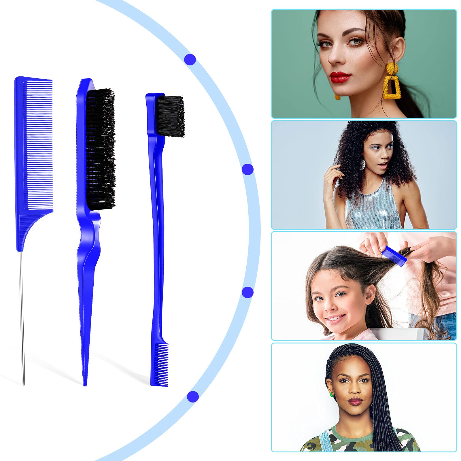 3 Pcs Slick Back Hair Brush Set Bristle Hair Brush Edge Control Brush Teasing Comb for Women Baby Kids' Black Hair (Dark Blue)