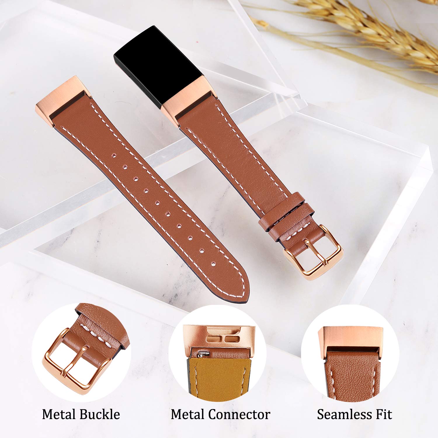 Mornex Strap Compatible Fitbit Charge 3 Strap/Charge 3 SE Leather Band, Classic Adjustable Replacement Wristband Fitness Accessories Metal Connectors,Rose Gold-Brown