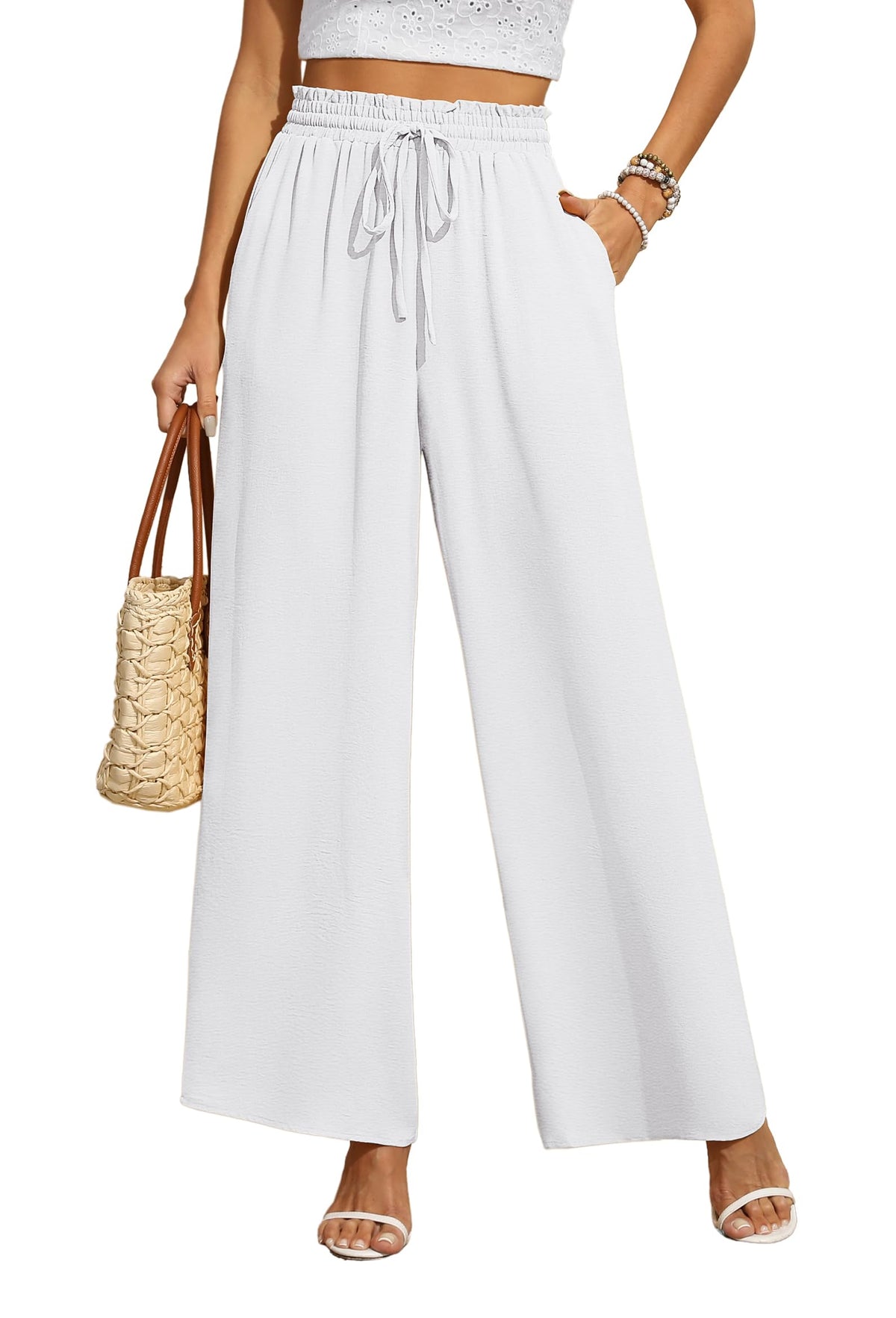 BEIGAI Wide Leg Trousers for Women Lounge Comfy Elastic High Waisted Drawstring Pants Ladies Summer Trousers with Pockets,White,XXL