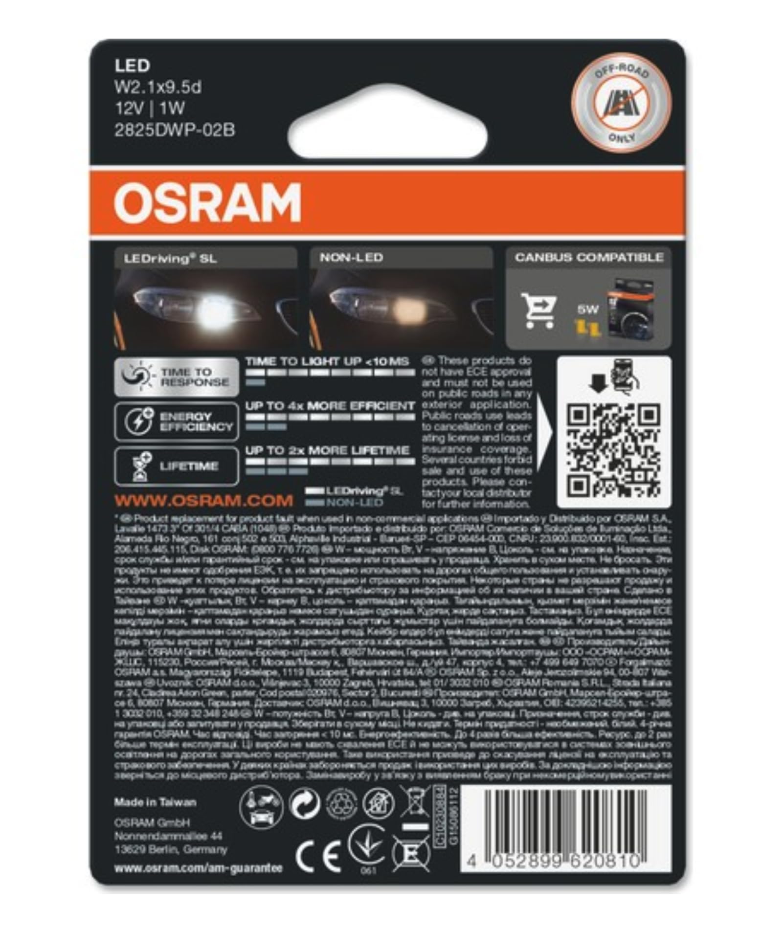 OSRAM LEDriving SL, ≜ W5W, White 6000K, Blister (2 lamps), LED Retrofit, offroad use only, H1