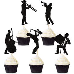 Blumomon 25 Pcs Jazz Band Cupcake Toppers Black Glitter Band Cupcake Decorations Picks Vintage Jazz Music Theme Cupcake Picks Music Concert Theme Birthday Party Cake Decorations Supplies