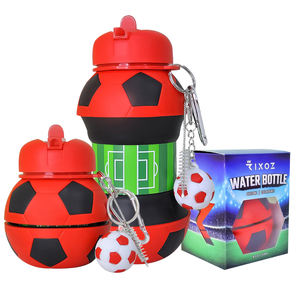 RIXOZ Red & Black Football Water Bottle - 550ml Silicone Collapsible Football Water Bottle With Football Keyring For Kids