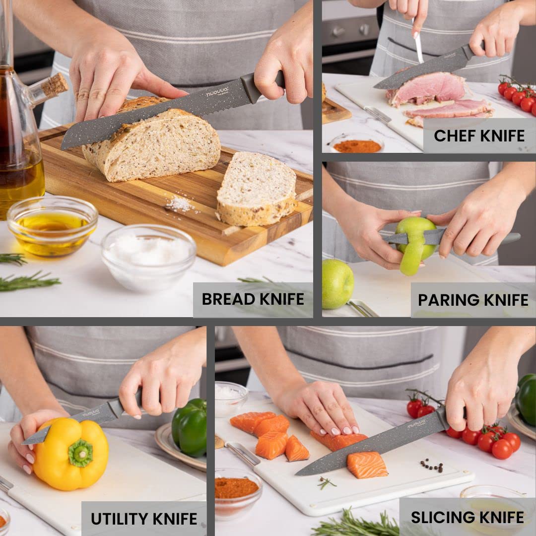 nuovva Professional Kitchen Knife Set – 5pcs Grey Kitchen Knives – Stainless Steel Granite Non Stick Blades – Chefs, Filleting, Bread, Paring and Utility Knives