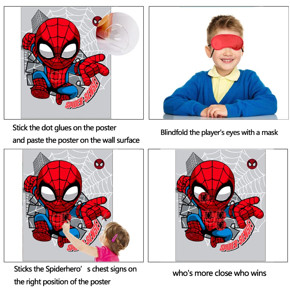 Volsha Pin the Spider on the Spiderman Game, 52×42cm Spiderman Party Game for Kids Girls with 24 PCs Spider Birthday Party Supplies for Wall Home Room Decorations (Spiderman)